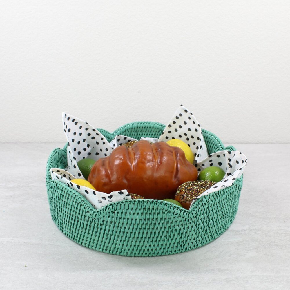NEW Tight Woven Scalloped Round Rattan Tray with Handles, Medium, Turquoise